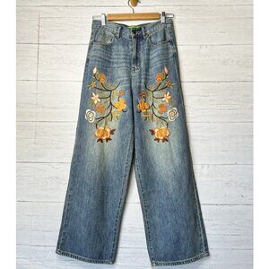 Sandrine Rose Jeans Womens Size 25 Floral Embroidered Wide Leg 100% Cotton